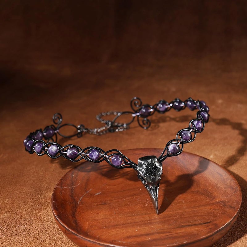 CoTeeZa Viking Fairy Crown Crow Headpiece - Fantasy Gothic Circlet Amethyst Braided Headband, Medieval Celtic Crowns Dark Witch Headwear for Renaissance Costume Halloween Cosplay - Image 5